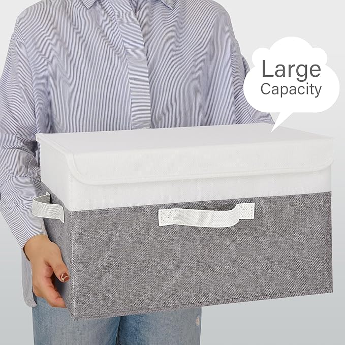 GRANNY SAYS Fabric Storage Boxes, Keepsake Box, Large Storage Bins with Lids, Closet Organizers, Toy Organizer, Storage Baskets for Shelves, White/Gray, 2-Pack-NeatNest