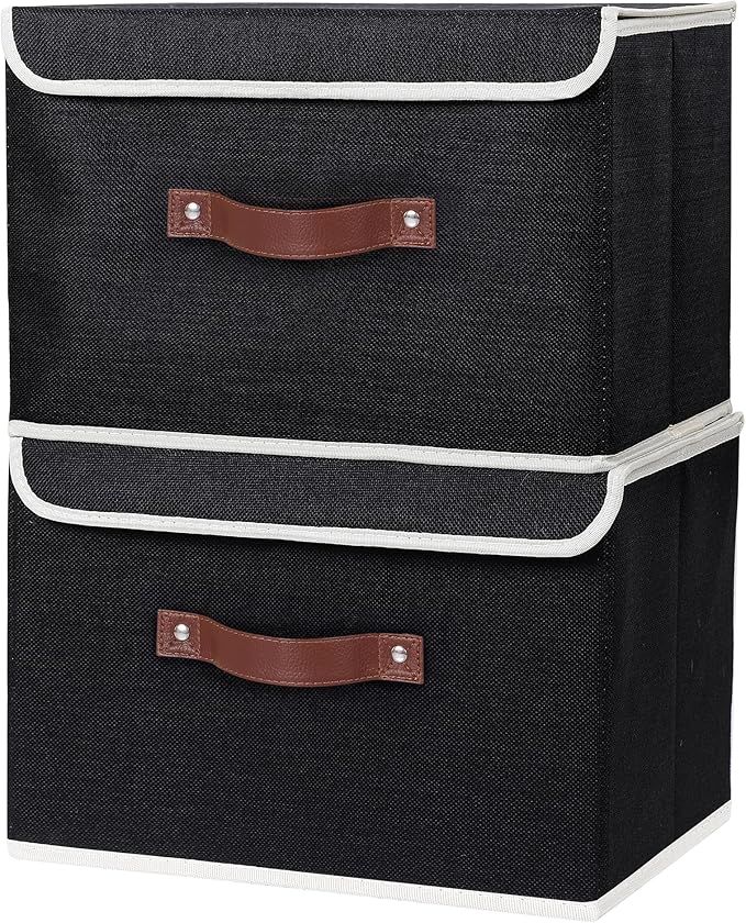 ANMINY 4PCS Storage Bins with Lid PU Leather Handles Storage Boxes PP Plastic Board Decorative Foldable Lidded Cotton Linen Fabric Home Cubes Baskets Closet Organizer Containers - Black, Large Size-NeatNest