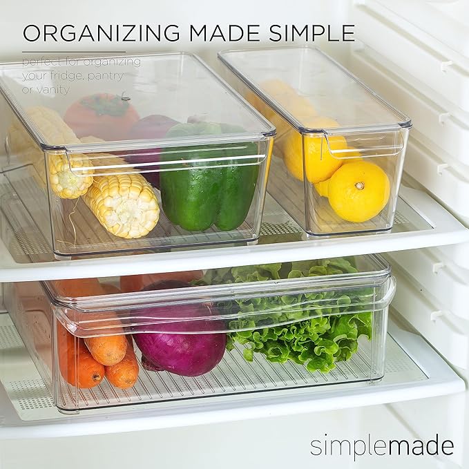 SIMPLEMADE Clear Refrigerator Organizer Bins - Clear Bins for Fridge, Containers for Fridge and Freezer, Multipurpose Storage for Kitchen, Office, Bathroom, Pack of 3 (Design 2)