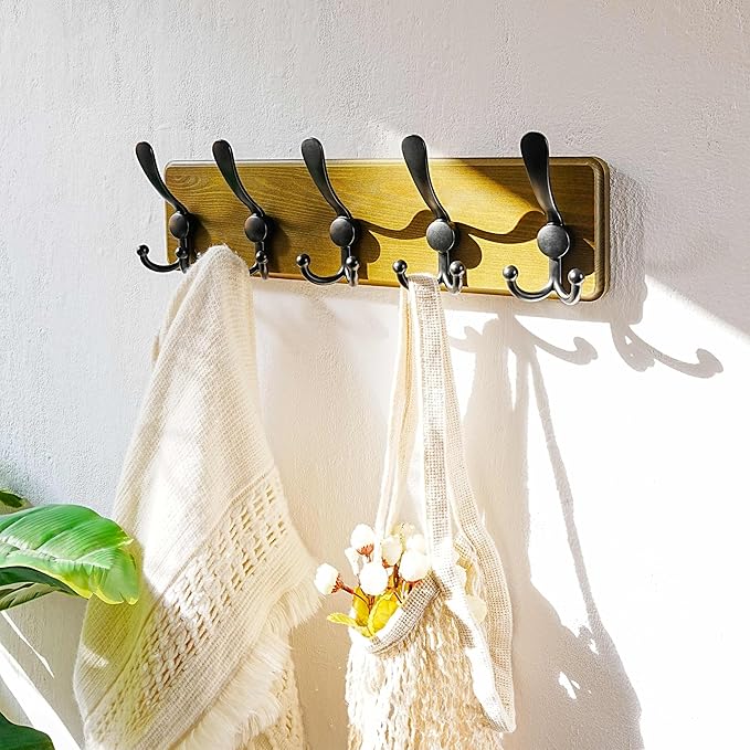 Dseap Wall Mount Coat Hanger - Heavy-Duty Robust Barnwood-Style Wooden Hook Rail with 5 Triple Hooks for Winter Coats, Hats, Jackets, Weathered Green & Black