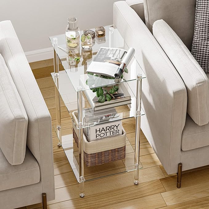 Tempered Glass Side Tables Set of 2 Acrylic End Table with 3 Storage Shelve transparent Bedside simplicity clear 3-Tier Nightstands small Spaces Office Bedroom Living Room Study Transparent ET-008TR3T