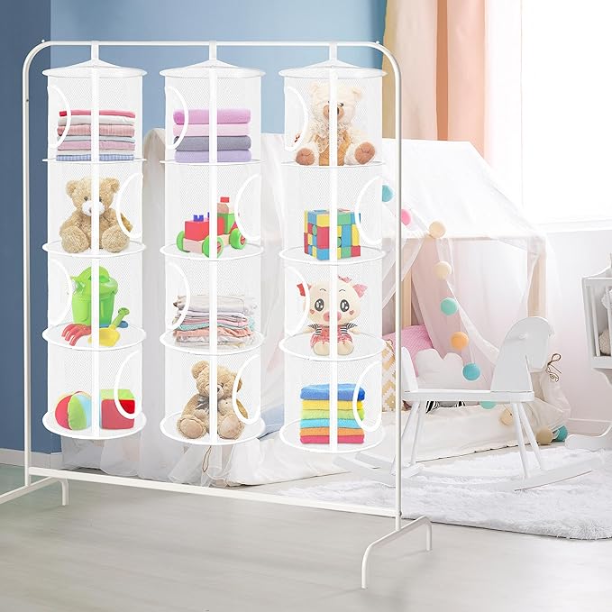 3Pcs Stuffed Animal Storage Foldable Stuffed Animal Net or Hammock Organizer, 4 Compartments Hanging Toy Storage Organizer, Toy Organizer for Kid Room Toys, Gloves, Hats, Socks(White)-NeatNest
