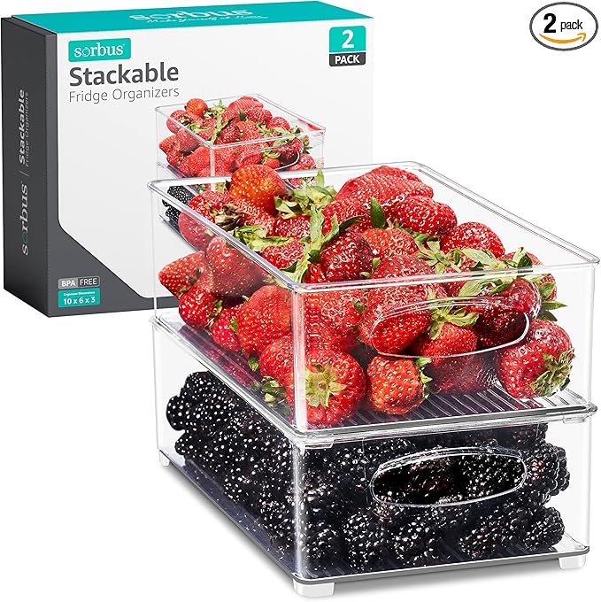 Sorbus Stackable Refrigerator Organizer Bins - Clear Storage Bins for Kitchen Pantry, Freezer & Fridge Organization - Food Organizing Plastic Containers with Handles for Countertops & Drawers (2 Pack)-NeatNest