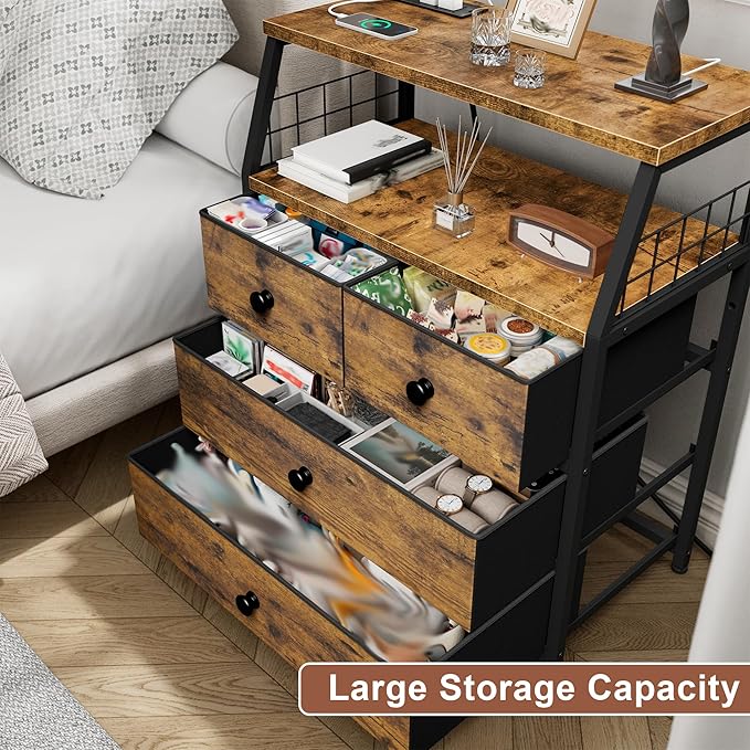 EnHomee Nightstand Set of 2, Night Stand with Charging Station & LED Lights, Bedside Table with 4 Fabric Drawers for Bedroom, Side Table with Outlets and 2 Ports, Rustic Brown