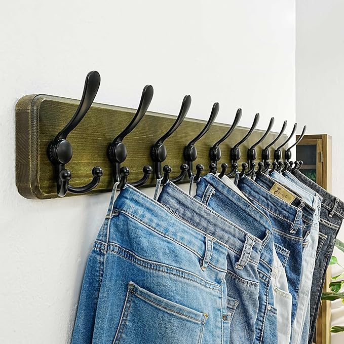 Dseap Coat Rack Wall Mount - 38-1/4" Long, Heavy-Duty, 10-tri-Hooks, Barnwood-Style Wooden Wall Coat Hanger Hook Rail for Winter Coats Hat Jacket Clothing, Weathered Green & Black