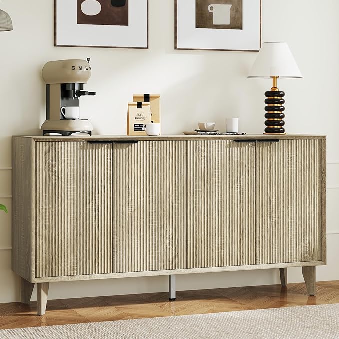 Fluted Cabinet with Storage, Buffet Sideborad with 4 Doors, Kitchen Buffet Storage Accent Cabinet with Adjustable Shelves for Living Room, Entry, Hallway, Natural