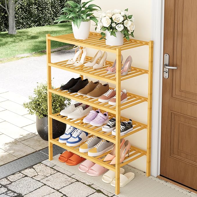 Smiry Shoe Rack, 5 Tier Thick Bamboo Shoe Organizer, Stackable Free Standing Wooden Shoe Storage Shelf for Closet, Entryway, Front Door Entrance, Natural-NeatNest