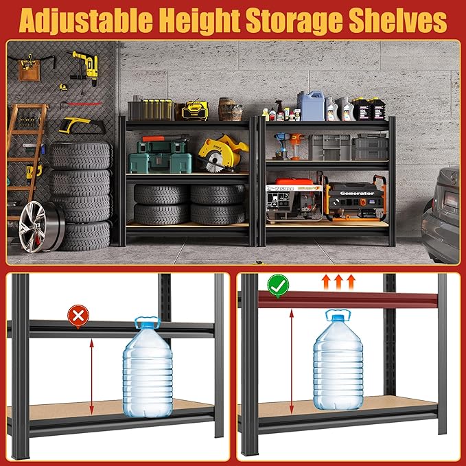 3 Tier Garage Shelving Wood Storage Shelves 600 lb Load Capacity 28.7" H*29.5" W*11.8" D Metal Shelving Suitable for Garage Kitchen Pantry,Black