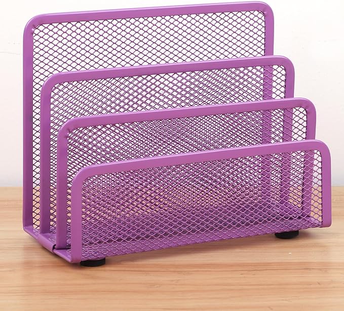 EASEPRES Desk Mail Organizer, Office Small Desktop Metal Mesh Envelope Letter Sorter Paper File Holder Organizer with 3 Vertical Upright Compartments, Purple 2 Pack