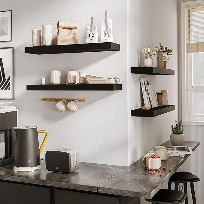 BAMEOS Floating Shelf,Wall Shelf,Decor Wall Mounted Shelves,Hanging Shelf Set L24xW6 for Bathroom Kitchen Living,Kitchen,Room Bedroom Storage,Black-NeatNest