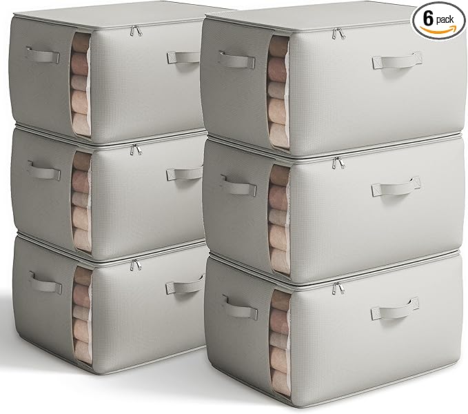 Vailando Large Canvas Comforter Storage Bags Closet Organizer for Clothes Sweater Clothes Organizer with Dual Zipper Three Carrying Handles for Blanket Closet Storage Container, 6 Pack, Grey-NeatNest