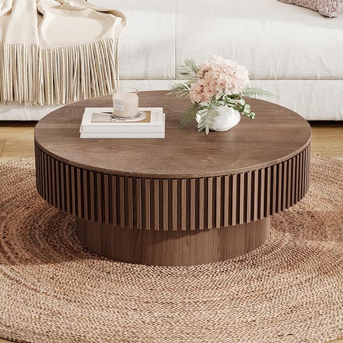 31.5'' Round Coffee Table for Living Room Circle Coffee Table with Storage Mid Century Modern Fluted Coffee Tables with Pedestal Center Tables Accent Tea Table for Apartment, Walnut