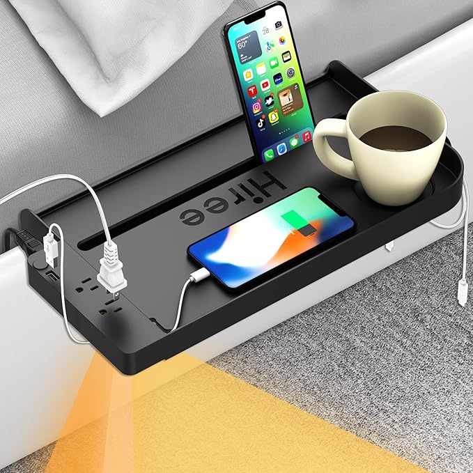 Bedside Shelf for Dorm Bunk Bed with USB Charging Port and AC Outlets, Bunk Bed Extender, Attachable Bedside Table, College Dorm Essential Clip On Bedside Tray, Bunk Bed Accessories, Plus Size, Black-NeatNest