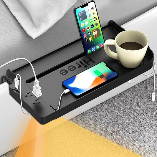 Bedside Shelf for Dorm Bunk Bed with USB Charging Port and AC Outlets, Bunk Bed Extender, Attachable Bedside Table, College Dorm Essential Clip On Bedside Tray, Bunk Bed Accessories, Plus Size, Black-NeatNest
