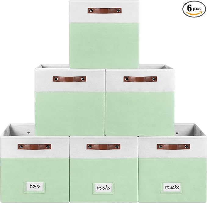6-Pack Collapsible Fabric Storage Cubes with Handles & Label Holders, Closet Cube Home Organizer Bins (White/Sage Green, 13 x 13 x 13 inch)