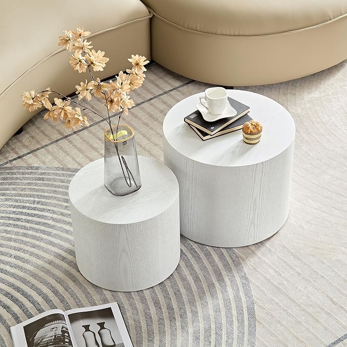 Nesting Coffee Table Set of 2, Round Side Tables Set, Wooden Accent Table, Modern End Tables, Minimalist Circle Table for Small Space Living Room Bedroom, Whitewashed