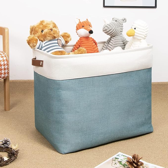 DULLEMELO Large Collapsible Storage Basket/Bin with Sturdy Leather Handles, Fabric Organizer Bin for Storage Clothes, Toys, Books, Office, Bedroom, Closet, Nursery & Laundry (White&Teal)-NeatNest