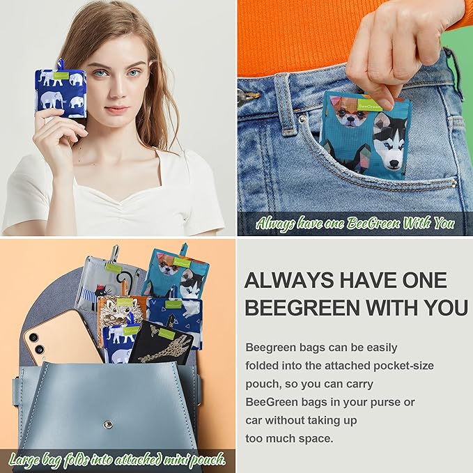 BeeGreen Shopping Bags Cloth Grocery Bags Foldable Travel Bag Tote Bags Bulk - Reusable Gift Bags with Handles (6 Pack) - Heavy Duty Large Washable Animal Holiday Design for Women Travel & Groceries-NeatNest