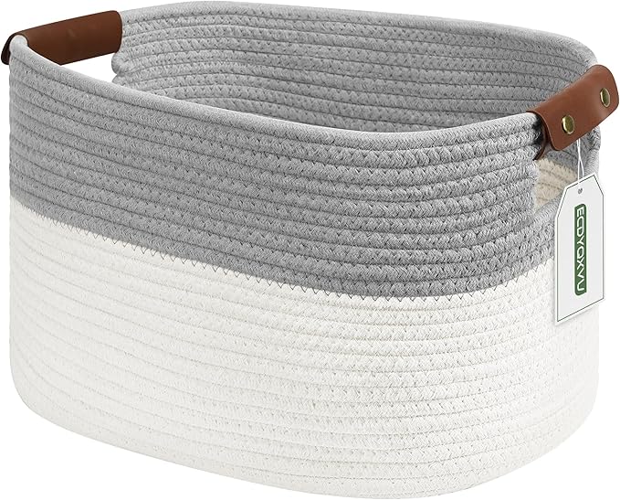 Cotton Rope Basket , Storage Baskets with Handle, 15x10x9 Inch Woven Basket for Shelves, Laundry, Towels, Clothes, Books, Toys (White/Grey 1Pack)-NeatNest