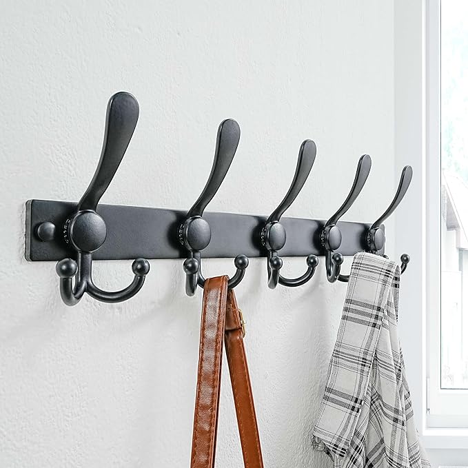 Dseap Coat Rack Wall Mount 2.0 Pro: Heavy Duty 300% Thicker, 16" Stud Mount, Stainless Steel Wall Coat Hooks Hanger for Clothes Jackets Hats Entryway Closet, MaxStrong Series, Black, Pack of 2