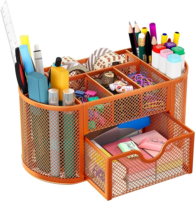 EasyPAG Mesh Desk Organizer, Multi-functional Stationery Organizer for School Supplies, Office Pen Holder for Desk, 9 Compartments Dorm Organization with Drawer, Orange