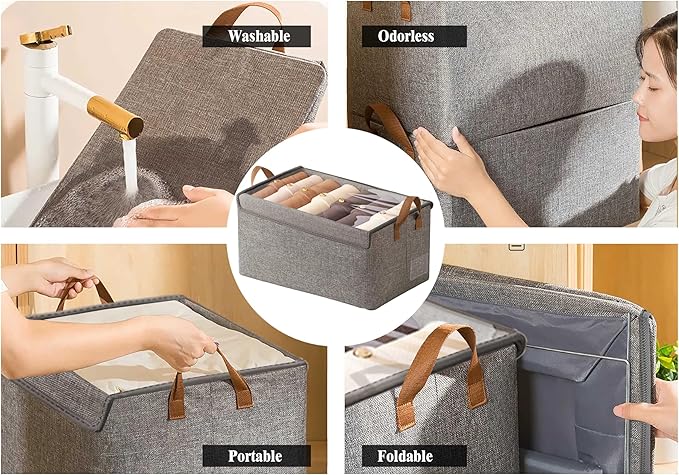 AARAINBOW Closet Clothes Organizer Bins 4 Pc, Fabric Box Storage Shelf Bins Stackable, Foldable Closet Shelf Storage Container with Lid, Fabric Storage Bin with Steel Frame, 23L (4 Gray with Lid)-NeatNest