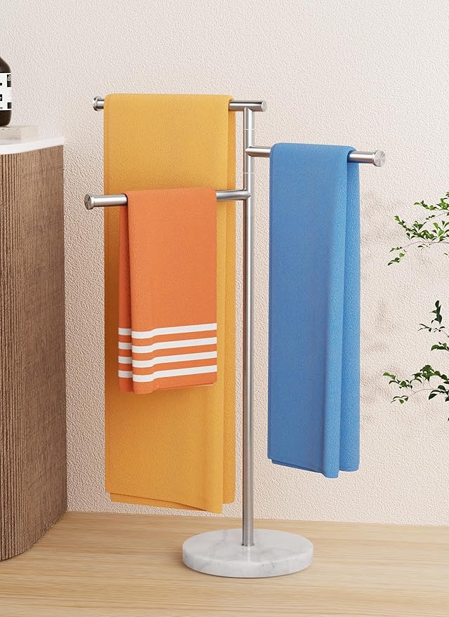 KES Free Standing Towel Racks for Bathroom with Weighted Marble Base, 40-Inch Floor Standing Towel Rack Stand, 3 Swivel Bars, Premium 18/8 Stainless Steel Brushed Finish, BTH219-2