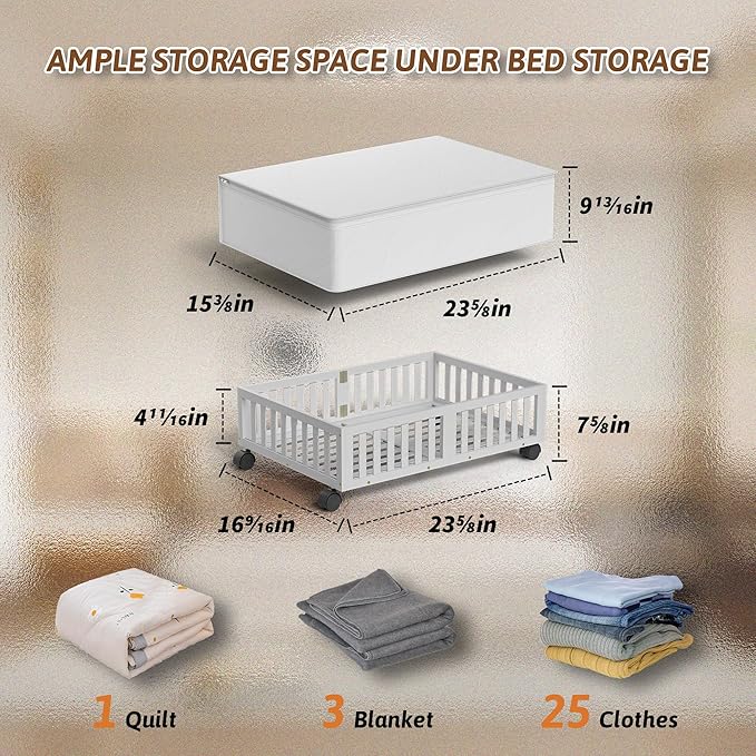 Bamboo Under Bed Storage Containers with Wheels, Rolling Under the Bed Shoe Storage Bins, Wood Stackable Underbed Drawers with Bag Organizer for Bedroom Closet Clothing Sweater Under Crib Toy White-NeatNest