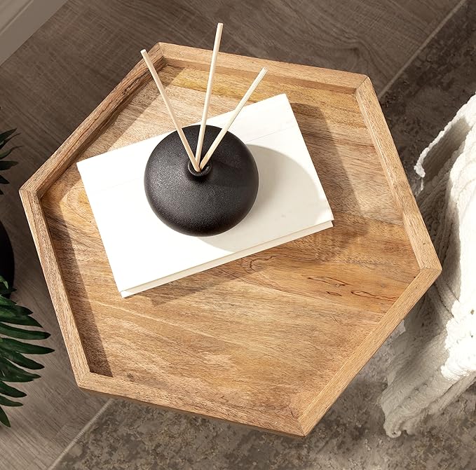 Kate and Laurel Kashvi Modern Hexagon Side Table; 17 x 15 x 20 Natural Wood and Black Decorative Geometric Farmhouse Bedroom Nightstand Table with Tripod Legs and Two Tone Finish