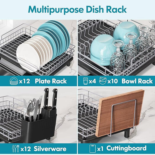 BOOSINY Dish Drying Rack for Kitchen Counter, Stainless Steel Dish Drainers with Drainboard Set, Space Saving, Compact Metal Plates Strainers Rack with Cup Holder, Utensil Holder-NeatNest