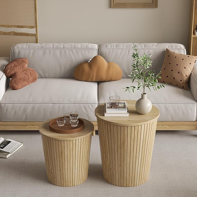 Round Coffee Table Set,2-Piece Modern Farmhouse Living Room End Table Set, Nesting Table Round Natural Finish for Living Room (Wood, 17.72'')