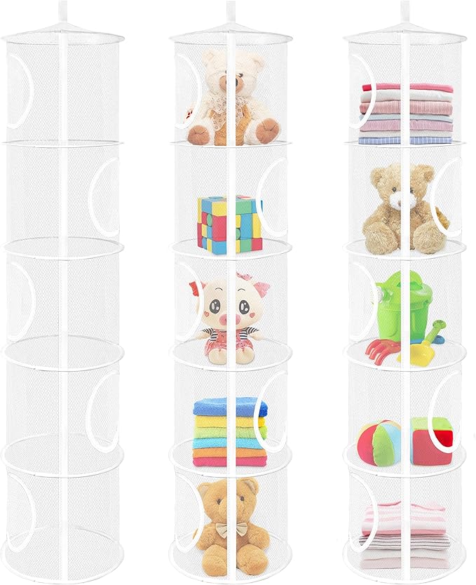3Pcs Stuffed Animal Storage Foldable hanging net for stuffed animals or Hammock Organizer, 5 Compartments kids toy storage organizer, toy organizer for Kid Room Toys, Gloves, Hats, Socks(White)-NeatNest