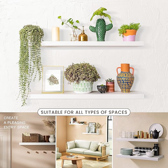 BATODA Set of 2 24" White Floating Shelves Wall Mounted for Bathroom – Wooden Decorative Wall Bookshelf - Storage Shelf Organizer for Home, Bedroom, Kitchen - Black Bracket, Shelving Mounting Included-NeatNest