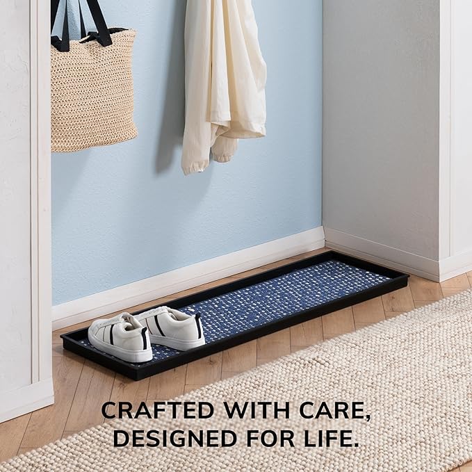 Anji Mountain AMB0BT4F-010 Black Rubber Boot/Shoe Tray with Coir, Fits 4 Pair (46.5" Wide), Blue & Ivory Insert