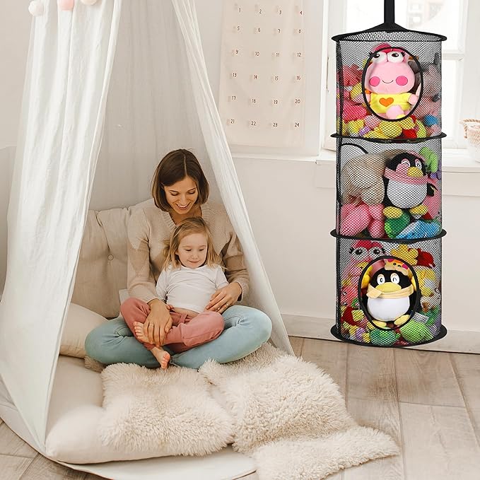 2Pcs Stuffed Animal Storage Foldable Stuffed Animal Net or Hammock Organizer, 3 Compartments Hanging Mesh Toy Storage Hammock for Kid Room Toys, Gloves, Hats, Socks(Black)-NeatNest