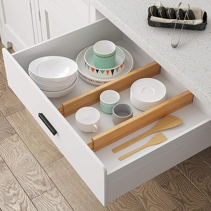BAMEOS Drawer Dividers kitchen Organization Bamboo Utensil Organizers for Kitchen Bedroom Bathroom Dresser Office 4-pack-NeatNest