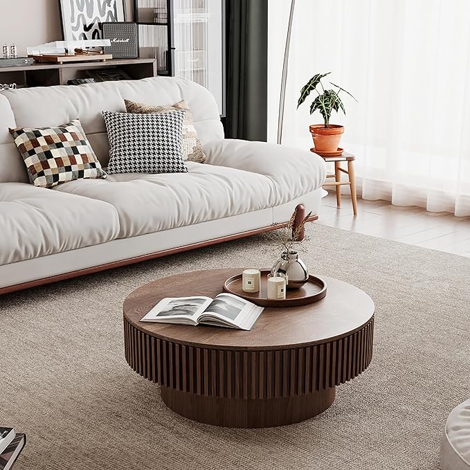 31.5'' Round Coffee Table for Living Room Circle Coffee Table with Storage Mid Century Modern Fluted Coffee Tables with Pedestal Center Tables Accent Tea Table for Apartment, Walnut