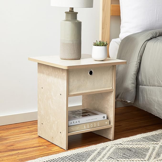 Furinno Dario End Table / Side Table / Night Stand / Bedside Table with Bin Drawer, 2-Pack, Cream Faux Marble/Ivory