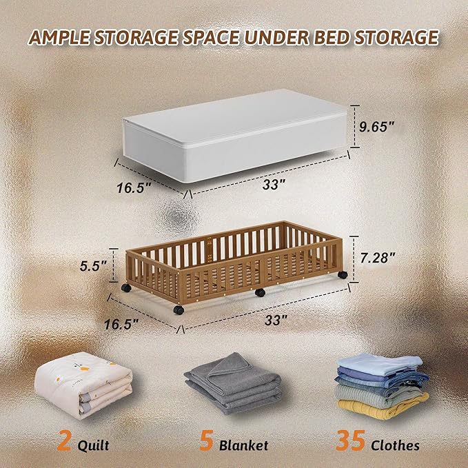 Bamboo Under Bed Storage Containers with Wheels, 2 Pack Large Under the Bed Shoe Storage Bins, Wood Rolling Underbed Drawers Organizer for Bedroom Closet Clothes Blanket Under Crib Toy Walunt-NeatNest