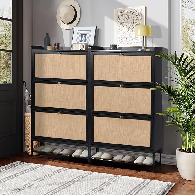 LEVNARY Shoe Storage Cabinet with 3 Flip Drawers, Freestanding Shoe Cabinet Storage Organizer for Entryway, Wooden Narrow Shoe Racks Cabinet with Metal Legs for Hallway (Black)-NeatNest