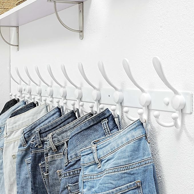 Dseap MaxStrong 2.0 Coat Rack Wall - 37” Long 10 Tri Hooks - Ultra Heavy-Duty Stainless Steel Wall Mount Coat Hanger, Hook Rail for Clothes Hats Jacket Towels White, Pack of 2