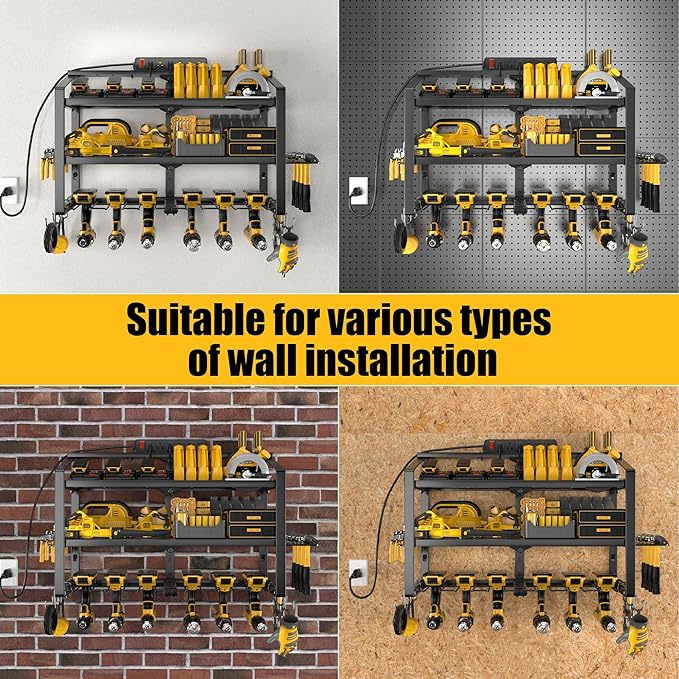 Heavy Duty Power Tool Organizer Wall Mount, 3 Layers Storage Rack with 6 Cordless Drill Holders, Garage Tool Organizer Storage for Workshop Shed, Charging Station Shelf, Father/Men Gifts