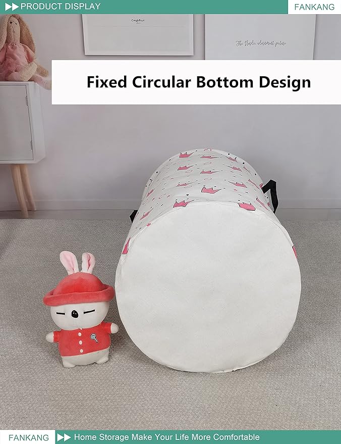 FANKANG Storage Basket, Nursery Hamper Canvas Laundry Basket Foldable with Waterproof PE Coating Large Storage Baskets for Kids Boys and Girls, Office, Bedroom, Clothes,Toys(pink crowns)