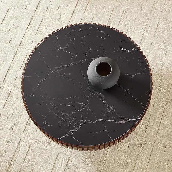 35.43'' Round Coffee Table Wood Circle Coffee Table with Marble Top Pedestal Center Table Fluted Accent Tea Table for Living Room Apartment Office Walnut