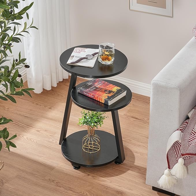 BEWISHOME Round End Table Side Table with Metal Frame, Accent Nightstand Bedside Table with 3-Tier Shelves, Small Couch Table for Living Room Bedroom Black KTZ41B-NeatNest