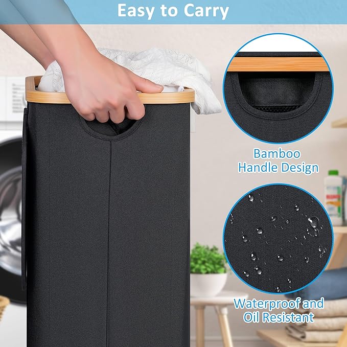 efluky Slim Laundry Basket with Wheels, Narrow Rolling Laundry Hamper with Lid and Removable Bag, Aesthetic Dirty Clothes Hamper on Wheels for Laundry Room, Bedroom, Dorm and Bathroom, 75L Dark Black-NeatNest
