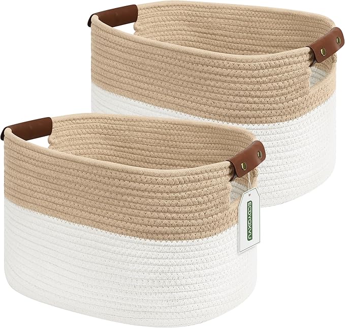 Cotton Rope Basket , Storage Baskets with Handle, 15x10x9 Inch Woven Basket for Shelves, Laundry, Towels, Clothes, Books, Toys (White/Beige 2Pack)-NeatNest
