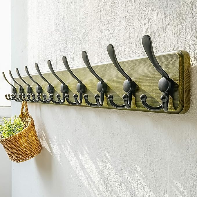 Dseap Coat Rack Wall Mount - 38-1/4" Long, Heavy-Duty, 10-tri-Hooks, Barnwood-Style Wooden Wall Coat Hanger Hook Rail for Winter Coats Hat Jacket Clothing, Weathered Green & Black, Pack of 2