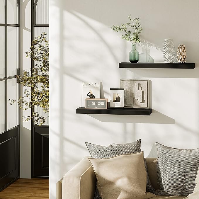 BAMEOS Floating Shelf,Wall Shelf,Decor Wall Mounted Shelves,Hanging Shelf Set L24xW6 for Bathroom Kitchen Living,Kitchen,Room Bedroom Storage,Black-NeatNest
