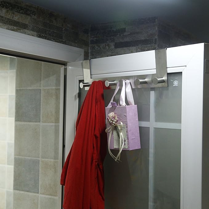 WEBI Over The Door Hooks Door Hanger,Over The Door Towel Rack with 6 Peg Hooks for Hanging,Over Door Coat Rack for Clothes,Back of Bathroom,Silver